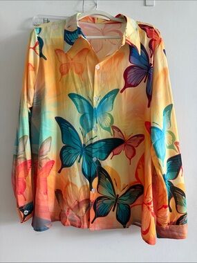 Vibrant Butterfly Print Button-Up Shirt - Yellow & Teal
